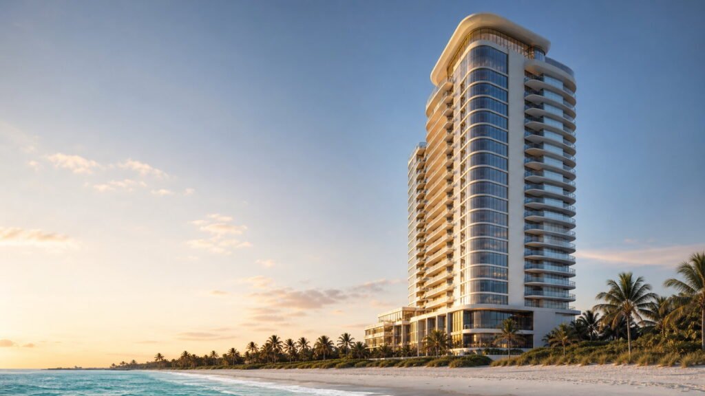 Torre de condominios contemporánea frente al océano en Sunny Isles Beach al amanecer, con agua turquesa y arena clara.
