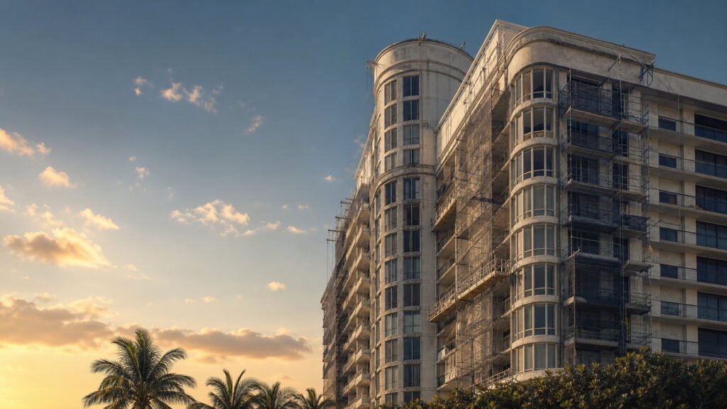 Fachada de una torre de condominios madura frente al mar con andamiaje de mantenimiento en varios pisos.