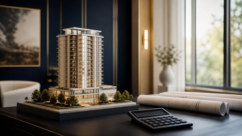 Maqueta arquitectónica de una torre en preconstrucción sobre una mesa de sala de ventas, junto a una calculadora y planos.