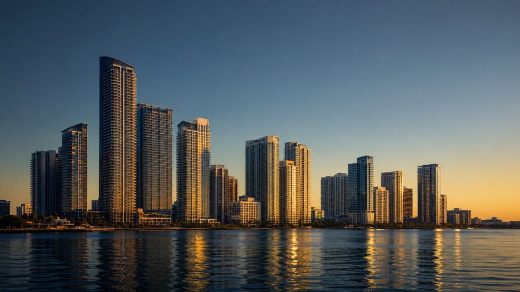 Skyline de Miami al atardecer visto desde la bahía, con torres frente al agua y reflejos dorados.
