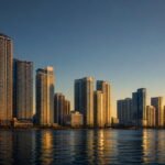 Skyline de Miami al atardecer visto desde la bahía, con torres frente al agua y reflejos dorados.