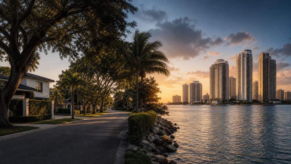 Composición dividida entre una calle residencial arbolada y un frente de torres de condominio sobre la bahía de Miami al atardecer.