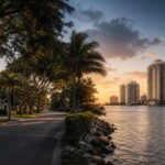 Composición dividida entre una calle residencial arbolada y un frente de torres de condominio sobre la bahía de Miami al atardecer.