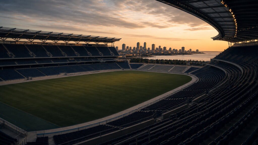 Estadio vacío al atardecer en plano general, con el skyline de una ciudad costera al fondo.