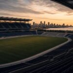 Estadio vacío al atardecer en plano general, con el skyline de una ciudad costera al fondo.