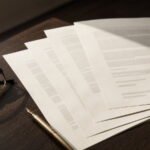 Contrato de compraventa sobre una mesa de nogal junto a unos lentes de lectura y una pluma, con luz de ventana.