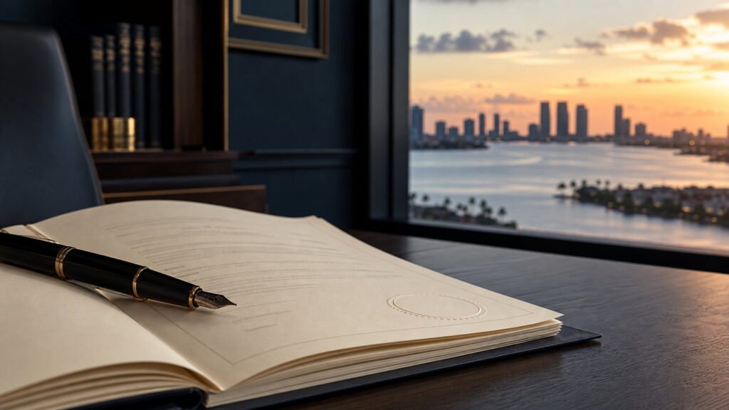 Escritorio de notaría con documentos legales y una pluma, frente a un ventanal con vista a la bahía de Miami al atardecer.