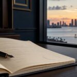 Escritorio de notaría con documentos legales y una pluma, frente a un ventanal con vista a la bahía de Miami al atardecer.