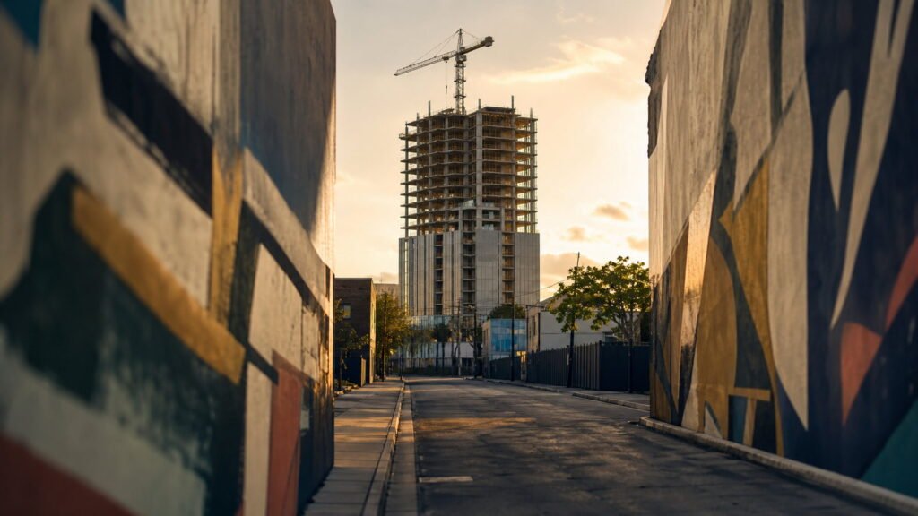 Calle de Wynwood en Miami al atardecer, con muros pintados desenfocados en primer plano y una torre residencial en construcción al fondo.