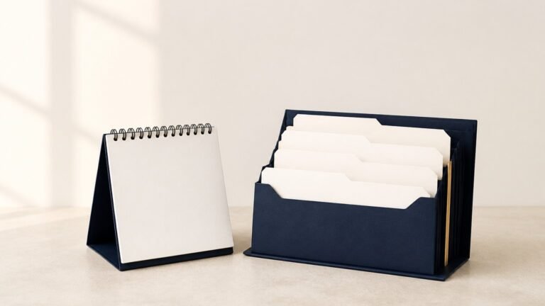 Calendario en blanco y carpetas de plan de pagos escalonado sobre escritorio
