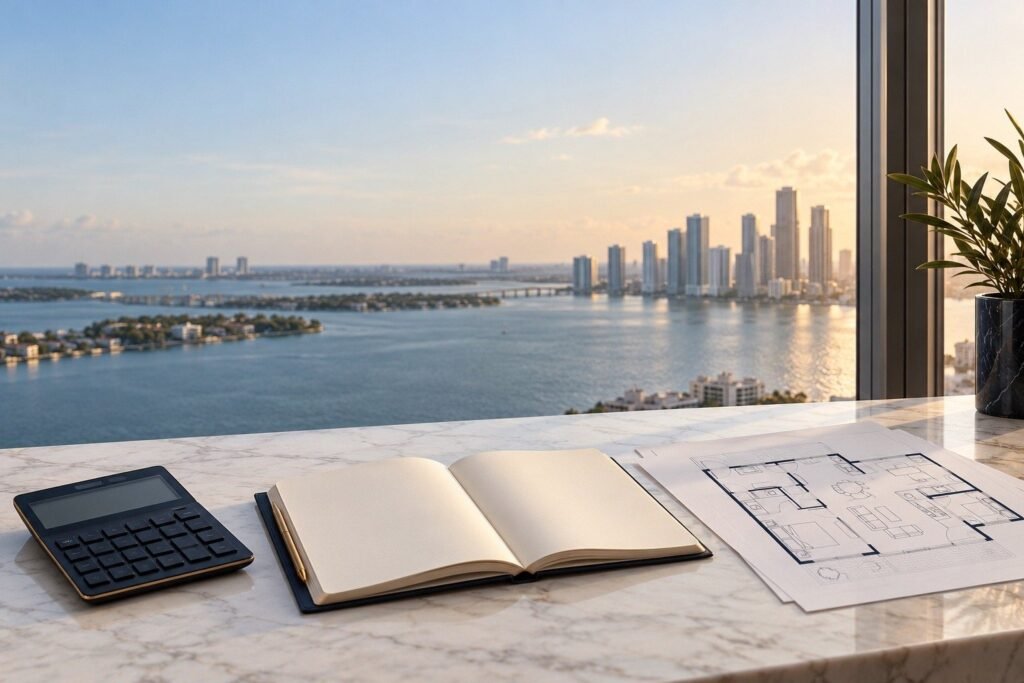 Calculadora, libreta y plano de departamento sobre mesa de mármol con vista a la bahía de Miami: cuánto necesitas para invertir en Miami desde México