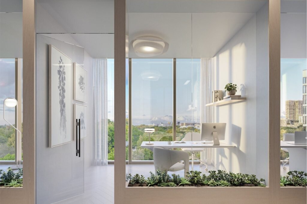 Interior amueblado de un estudio con oficina en Wynwood, Miami, listo para rentar