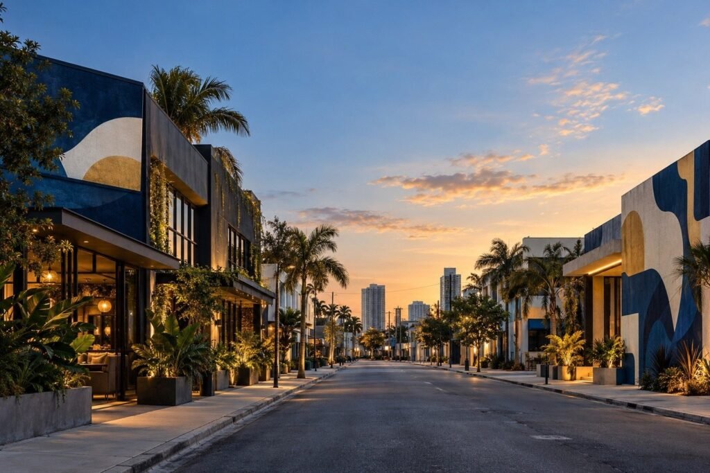 Calle de Wynwood, Miami, con murales y restaurantes al atardecer