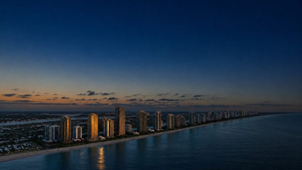 Vista aerea de la costa de Sunny Isles al atardecer con reflejo dorado sobre el mar