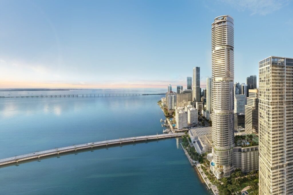 Render oficial de 619 Brickell by Nobu frente a la bahía de Biscayne: inversión en Miami en Brickell