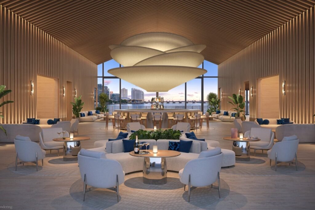 Nobu Café de 619 Brickell by Nobu con vista a la bahía de Biscayne al atardecer