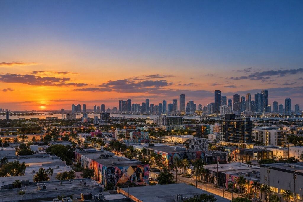 Vista aérea de Wynwood y el skyline de Miami al atardecer: invertir en Miami con el nuevo campus de Carnegie Mellon