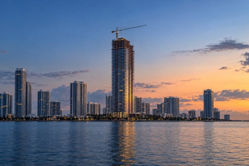 Torre residencial frente a la bahía de Miami con grúas de construcción