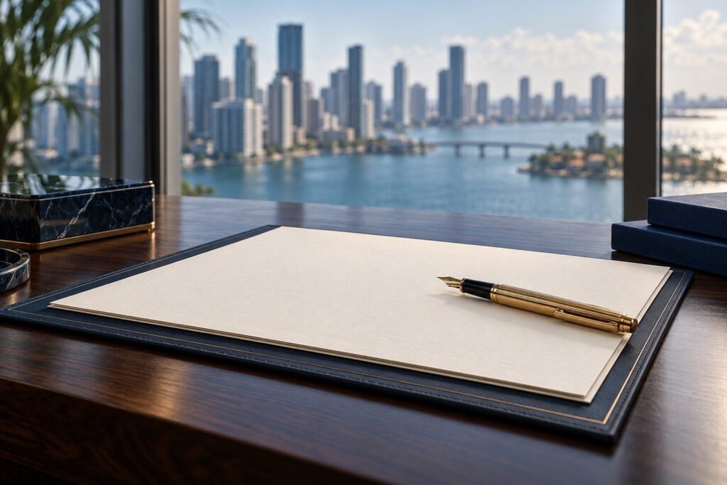 Contrato de compraventa y pluma dorada sobre madera oscura con skyline de Miami al fondo: cesión de contrato en preconstrucción en Miami