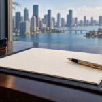 Contrato de compraventa y pluma dorada sobre madera oscura con skyline de Miami al fondo: cesión de contrato en preconstrucción en Miami
