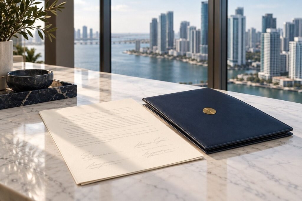 Llaves y contrato firmado sobre una mesa de mármol con vista a Brickell