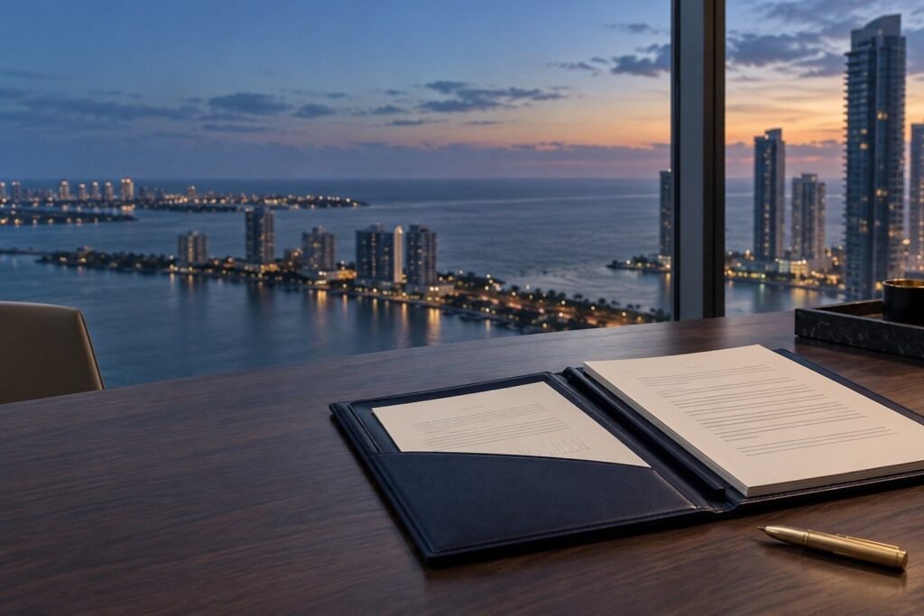 Carpeta de documentos del condominio y pluma dorada sobre escritorio de madera con vista al mar de Miami: qué revisar antes de comprar condominio en Miami