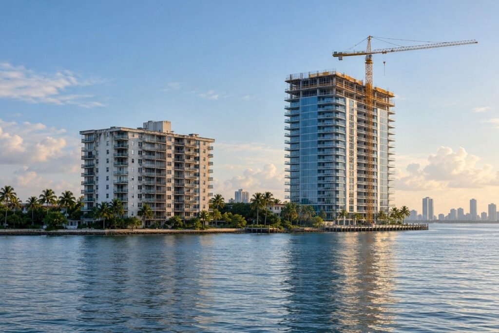 Edificio de condominios antiguo frente al mar en Miami comparado con una torre nueva en construcción