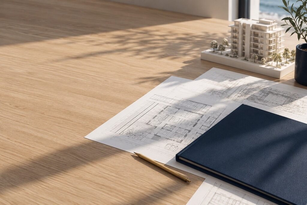 Planos y presupuesto de un condominio nuevo en Miami sobre una mesa de trabajo