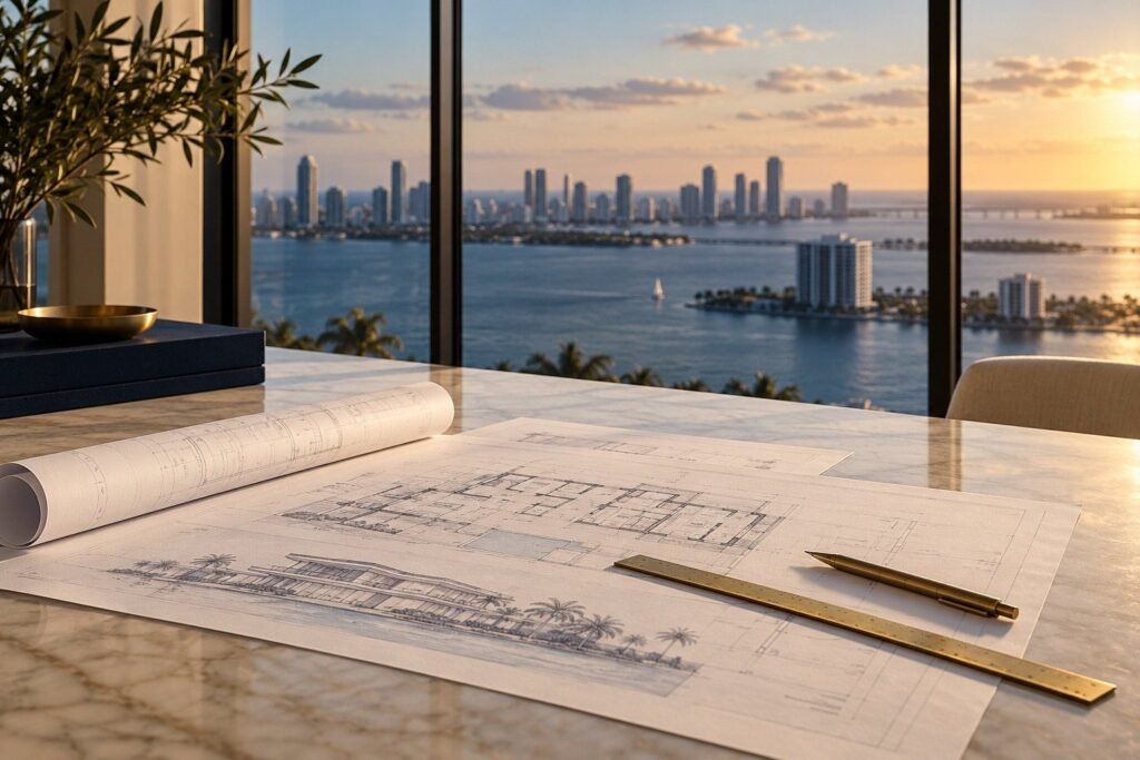 Planos arquitectónicos sobre mesa de mármol con vista a la bahía de Miami: inversión en Miami en preventa, como compran los multimillonarios