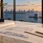 Planos arquitectónicos sobre mesa de mármol con vista a la bahía de Miami: inversión en Miami en preventa, como compran los multimillonarios