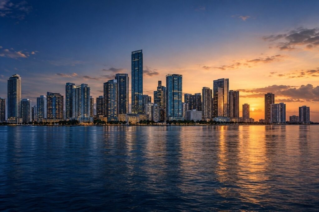 Skyline de Brickell al atardecer con torres residenciales y oficinas: inversión en Miami