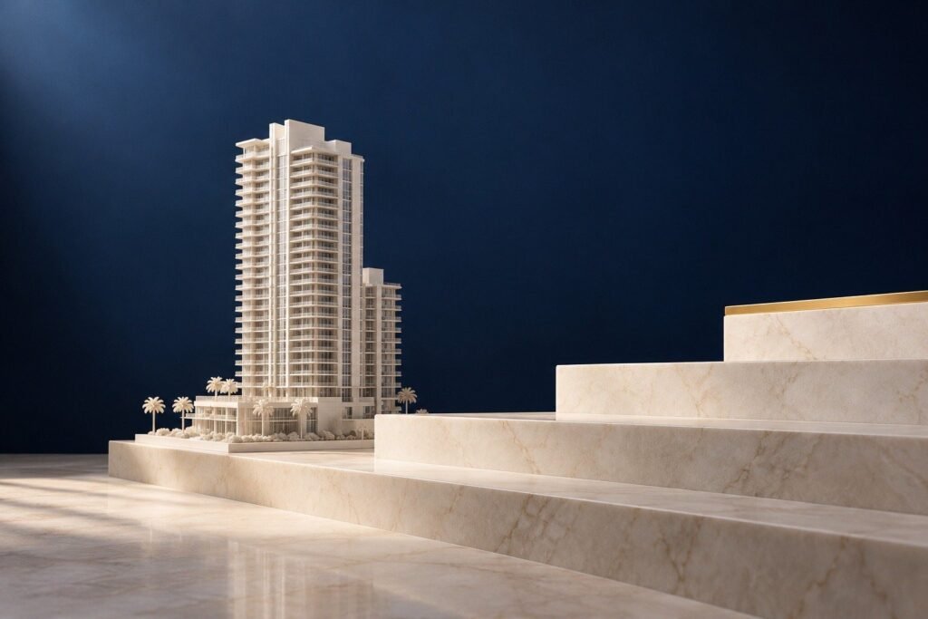 Gráfica de una lista de precios que sube por etapas mientras se construye una torre en Miami