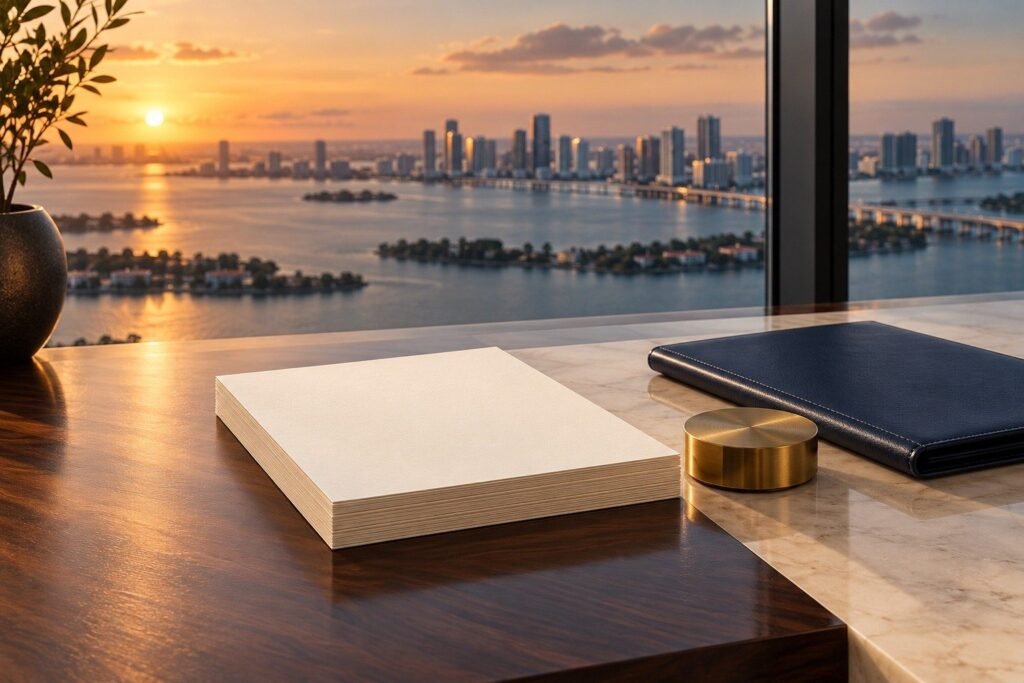 Llaves sobre un contrato firmado con vista a la bahía de Miami al atardecer